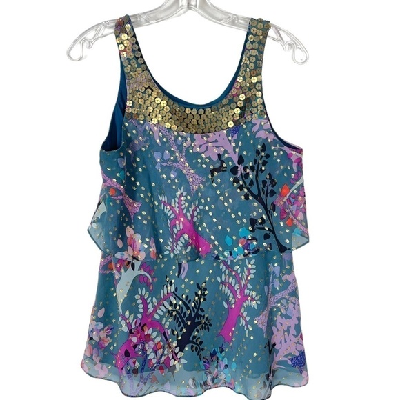 TIBI New York Silk Metallic Gold Teal Rabbit Woodland Forest Sleeveless Blouse 2 - Picture 11 of 15